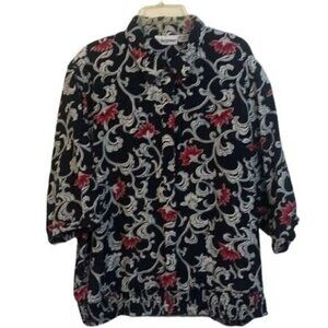 AlFred Dunner Black & White Floral‎ Button-Up Blouse W/ Red Accents 3/4 Sleeves